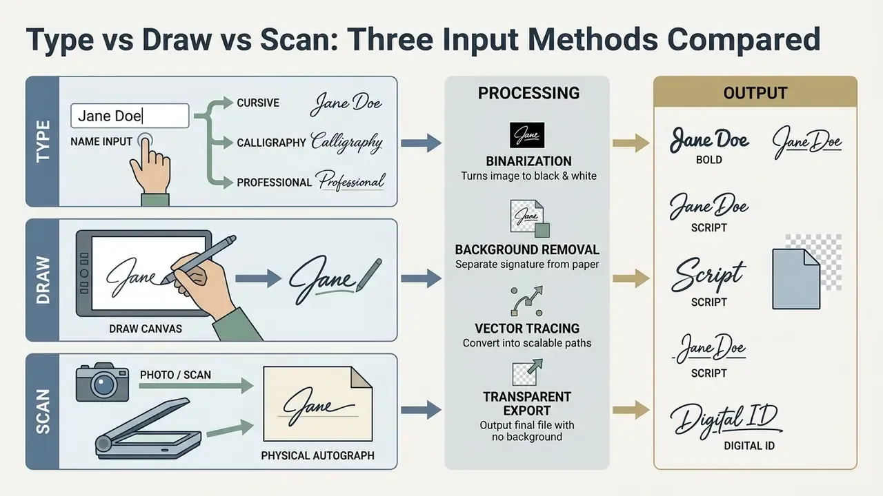 Diagram showing input workflows for typing, drawing, or scanning signatures before digital processing