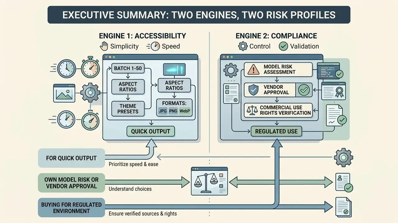 Infographic comparing two model engines for accessibility and compliance workflows
