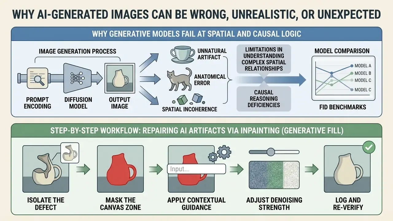 Diagram showing why AI models struggle with spatial logic and the workflow for fixing image artifacts