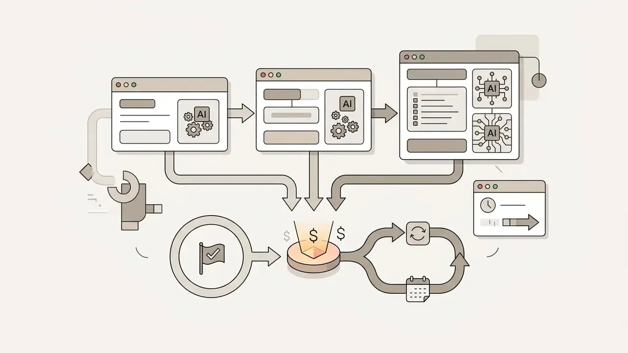 Interface windows with AI icons feed into a pricing gauge that connects to recurring task cycles