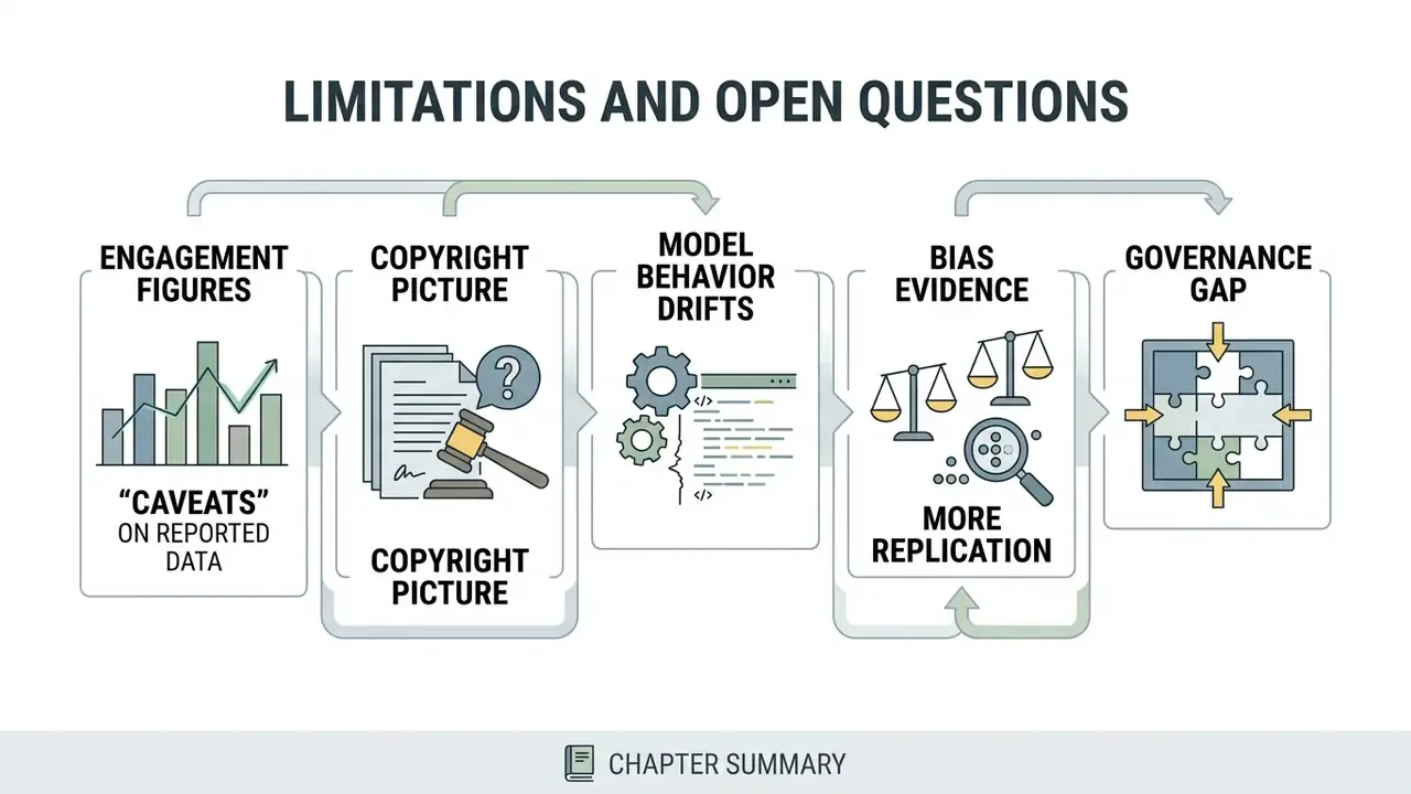 Five connected panels summarizing challenges like copyright, data bias, and governance in AI development