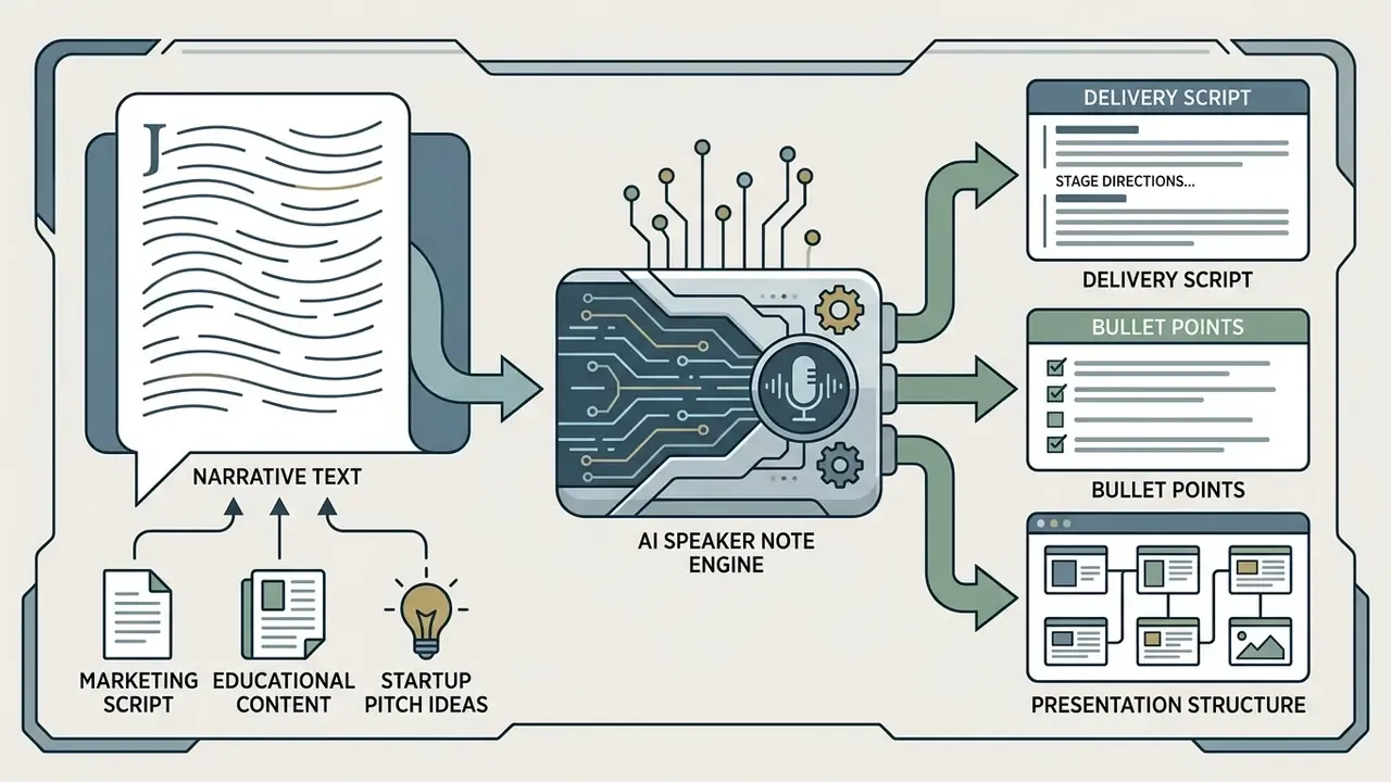 Narrative text inputs processed by an AI speaker note engine into delivery scripts and slide structures