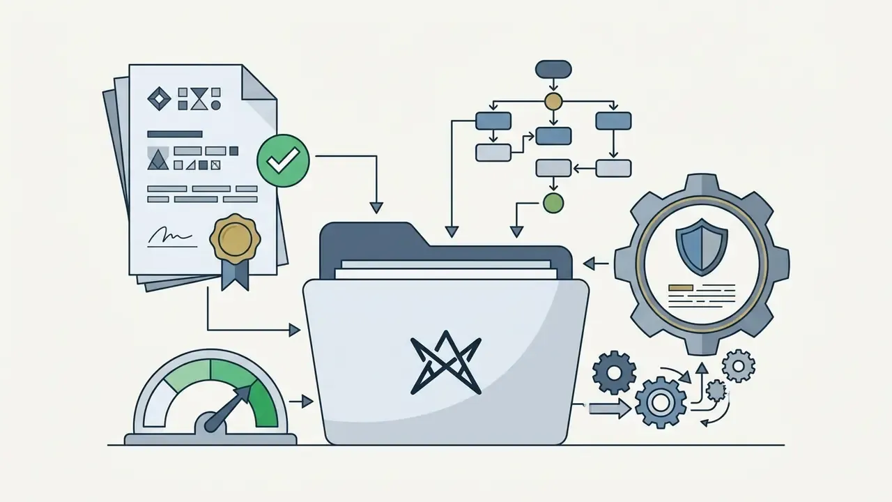 Central folder icon receiving inputs from compliance documents, a logic path, and a security gear mechanism