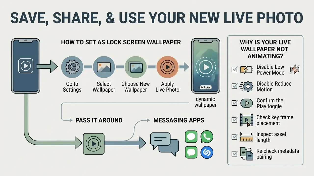 Infographic showing steps to set a Live Photo as wallpaper and a checklist for troubleshooting animation