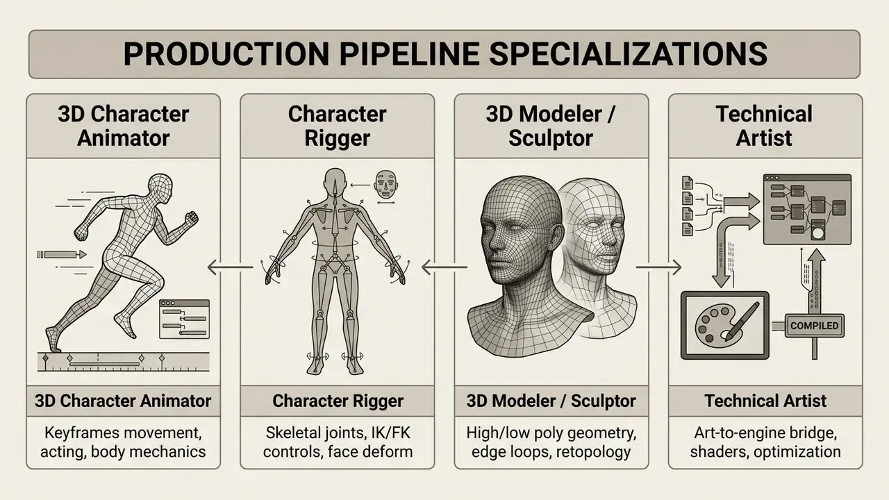 Four boxes detailing professional roles like character animator, rigger, modeler, and technical artist