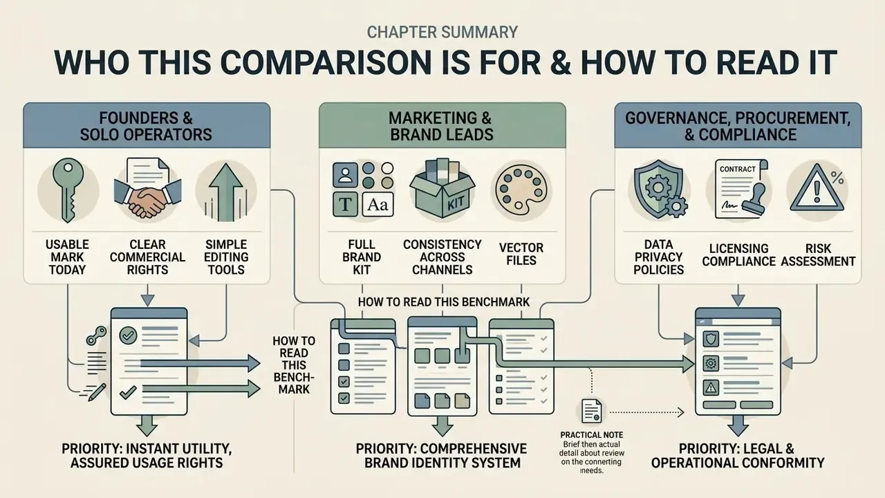 Diagram mapping three distinct user priorities for evaluating a free AI logo maker