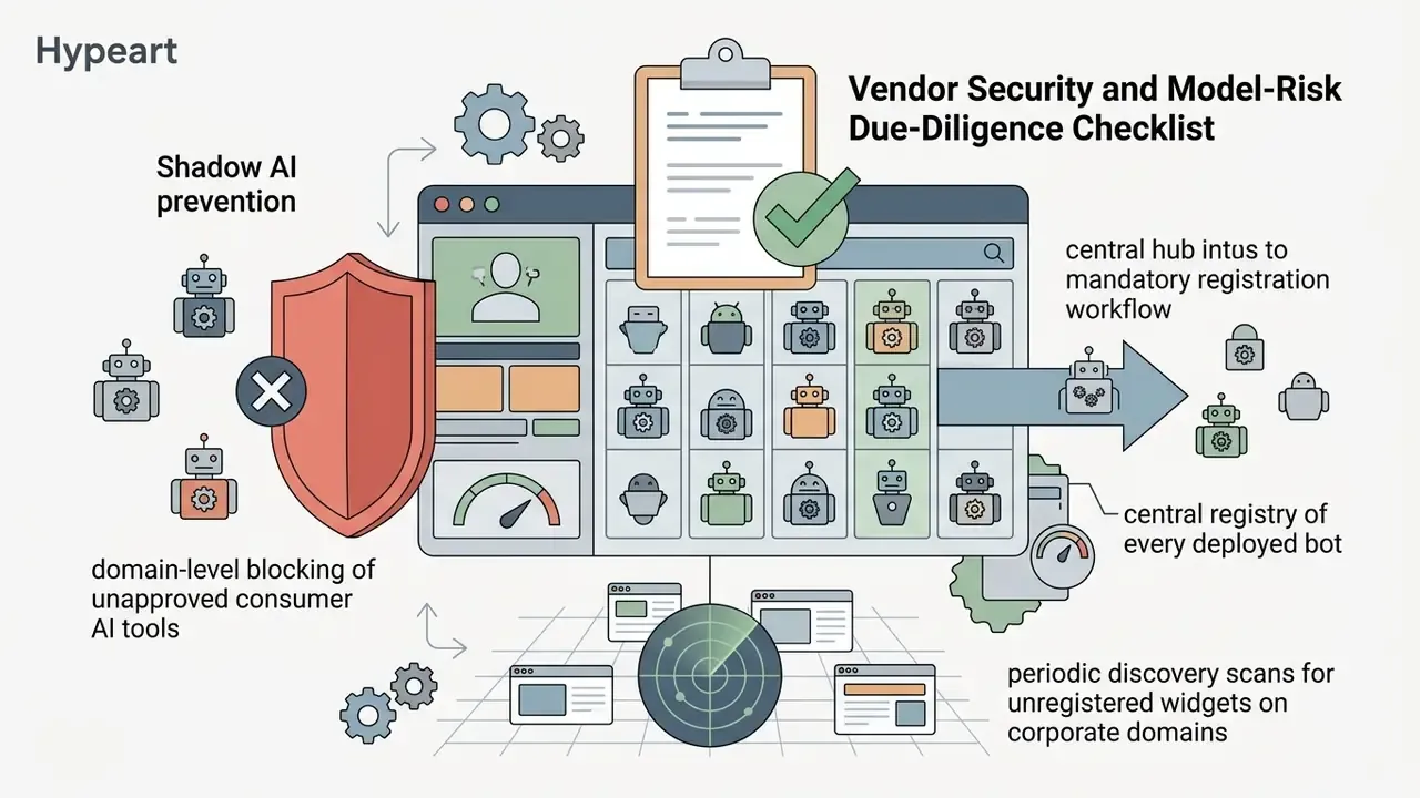 Shield blocking unapproved bots while a dashboard manages registered tools and discovery scans