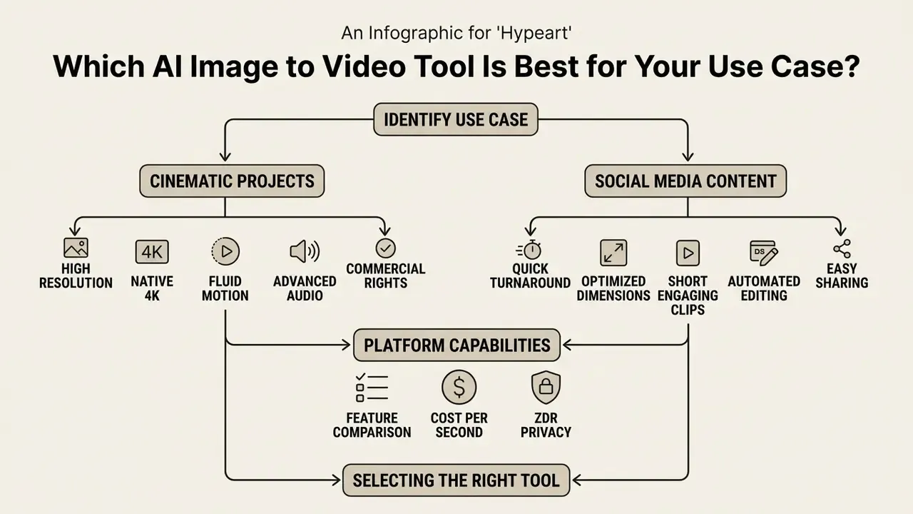Decision tree comparing features for cinematic projects versus social media content creation