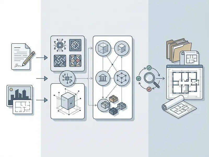 Diagram showing user inputs processed by a geometry engine and iterative review to create CAD files