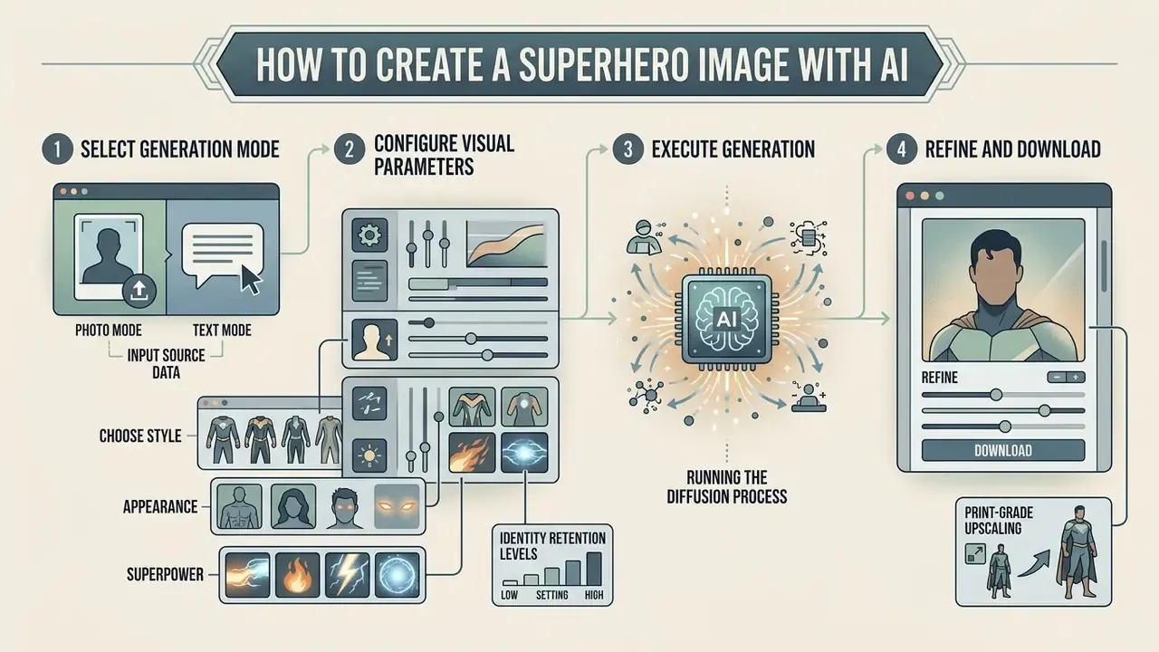 Step by step infographic detailing the workflow for using an AI superhero generator to create custom characters