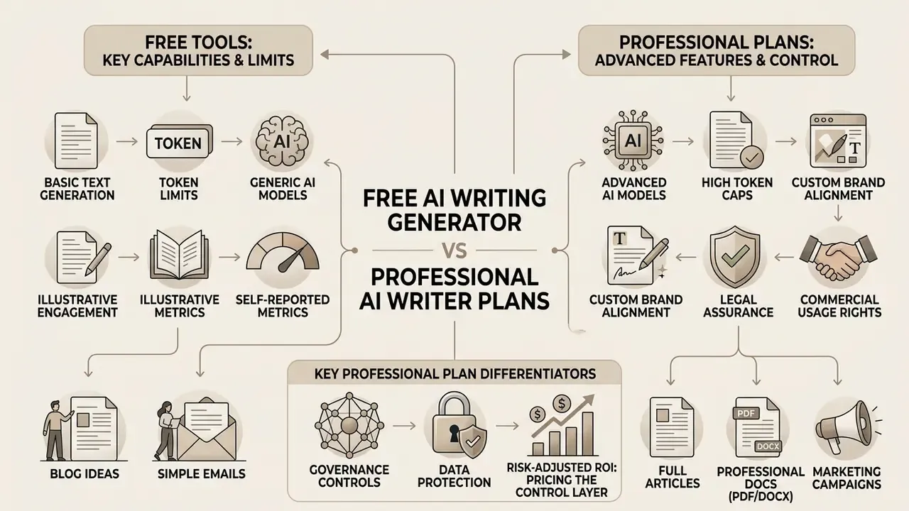 Comparison flowchart detailing the functional differences between free AI writing tools and professional plans