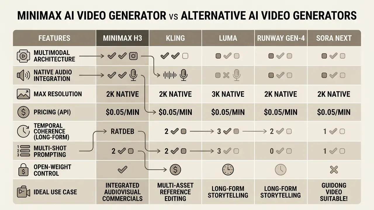 Comparison table evaluating features and capabilities across five leading video generation models