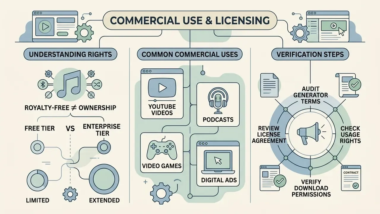 Infographic outlining rights, common media applications, and essential verification steps for music licensing