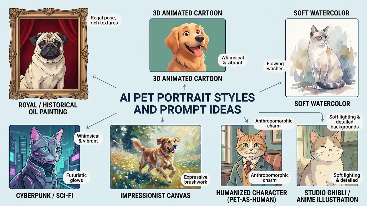Collection of pet portraits demonstrating diverse artistic styles like oil painting, watercolor, and anime