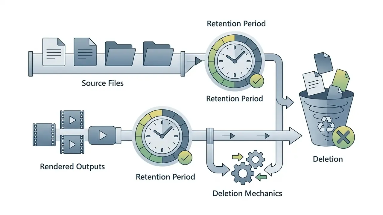 Files and video outputs passing through retention clocks into a recycling bin for deletion