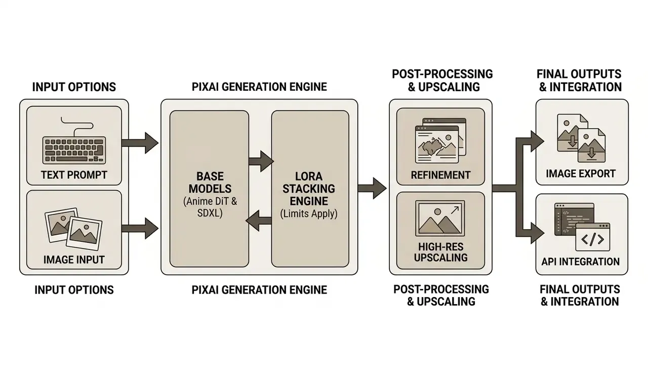 Flowchart showing the Pix AI generation process from initial user inputs to final API and image exports