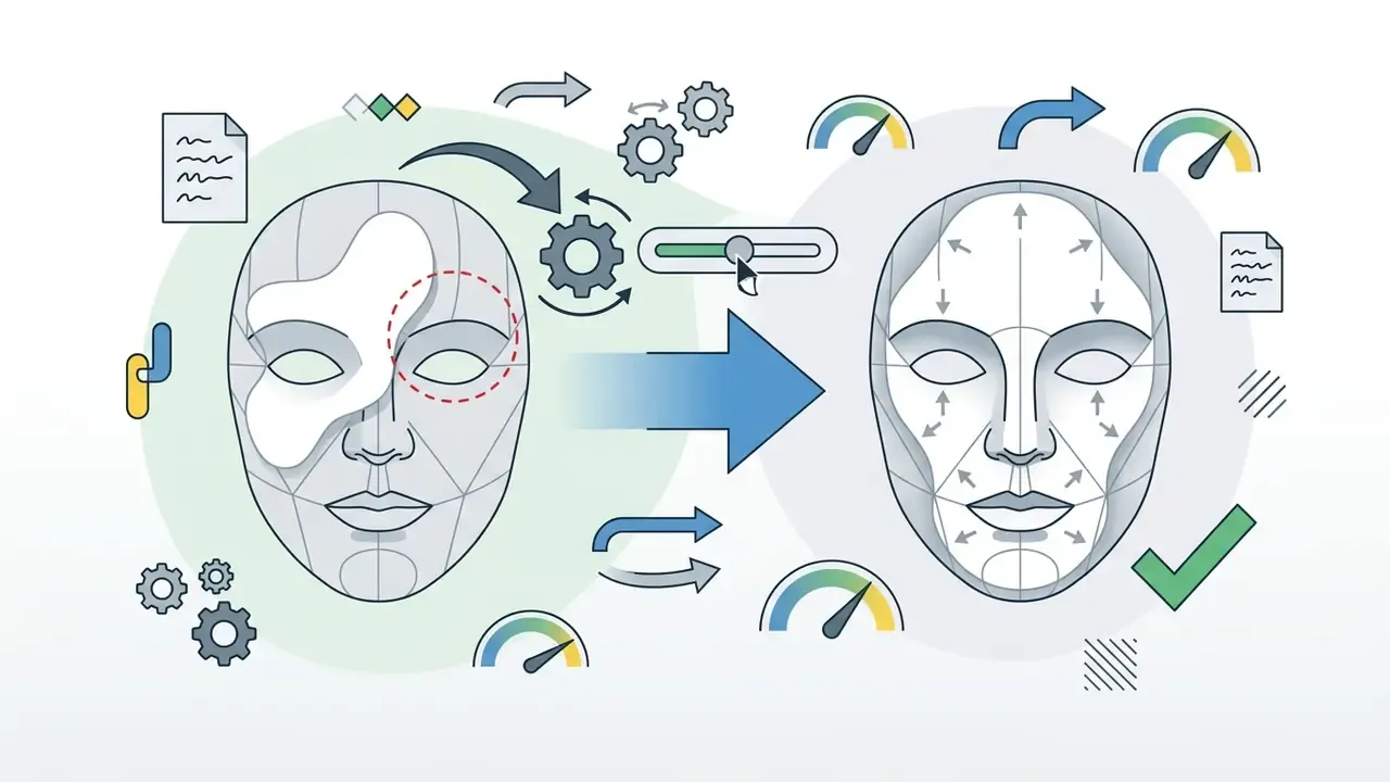 Two wireframe faces showing a transformation process with adjustment sliders and alignment arrows