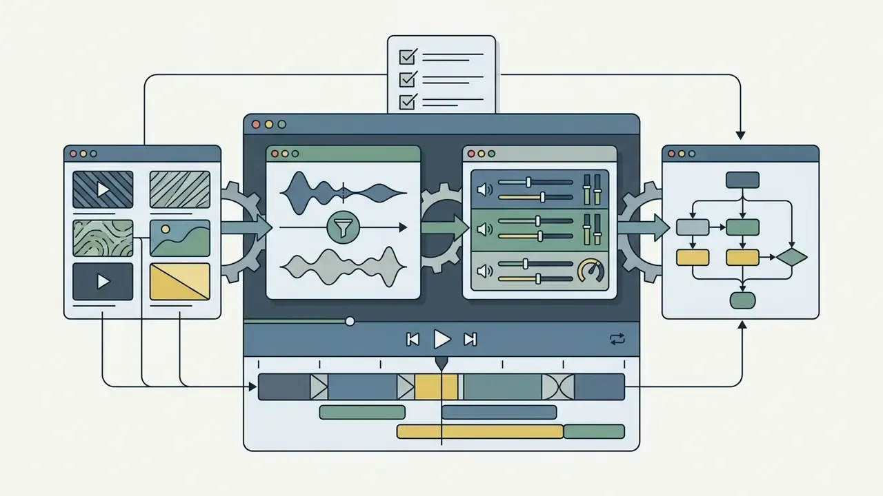 Workflow showing media selection, audio processing, sound leveling, and structural organization
