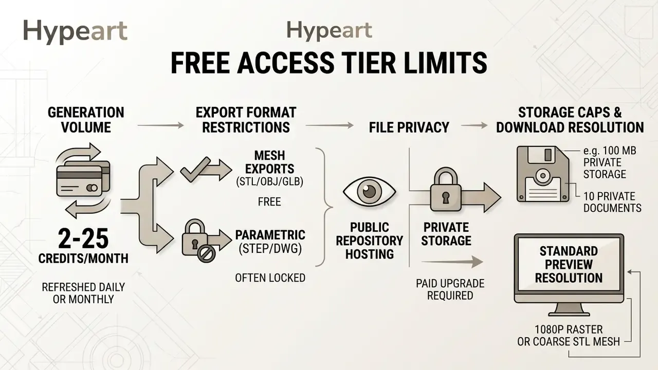 Diagram detailing credit limits, export formats, privacy settings, and storage caps for free users