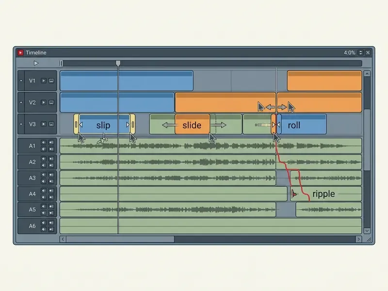 Diagram showing slip, slide, roll, and ripple trim tools applied to video clips on a multi-track timeline
