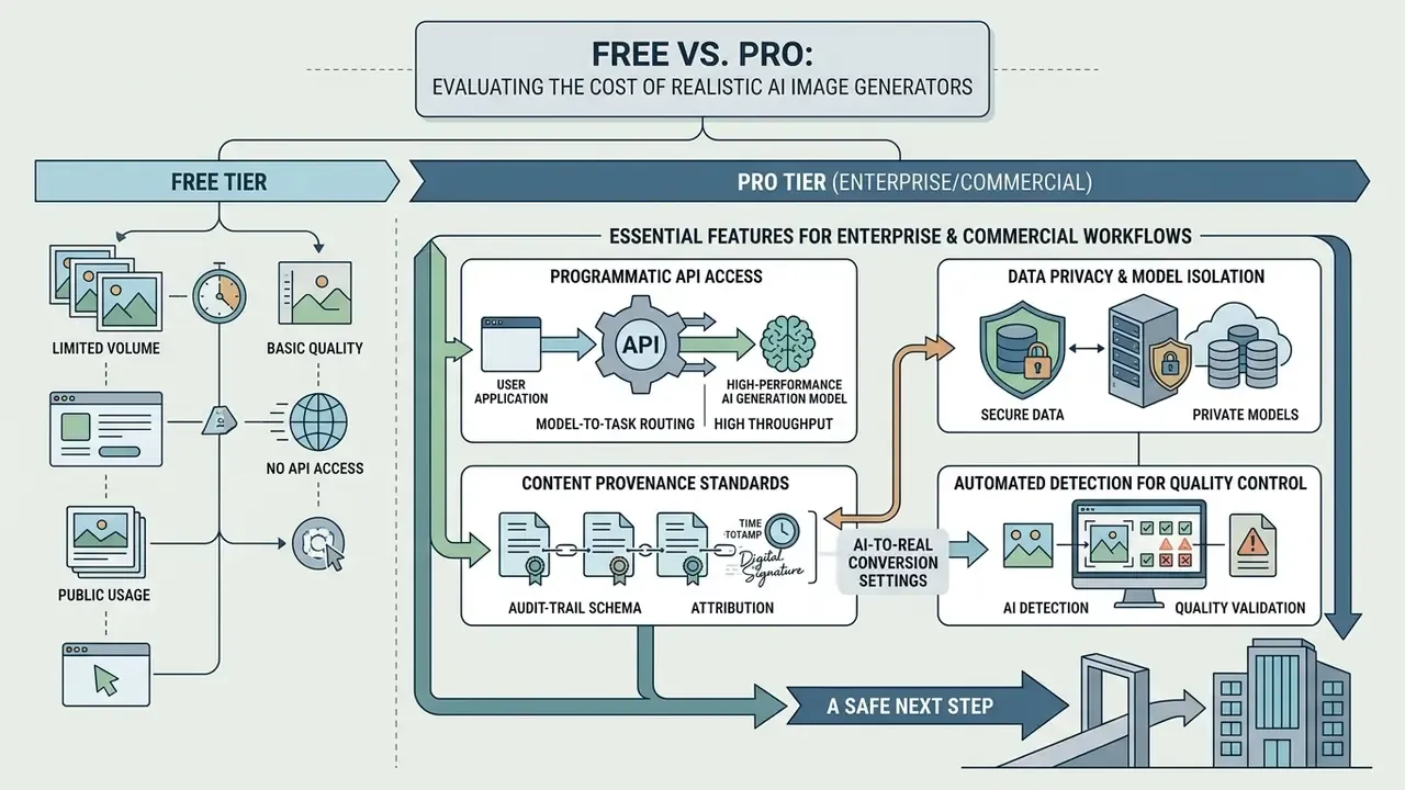 Comparison of free and enterprise tier features for image generation tools including API and data privacy