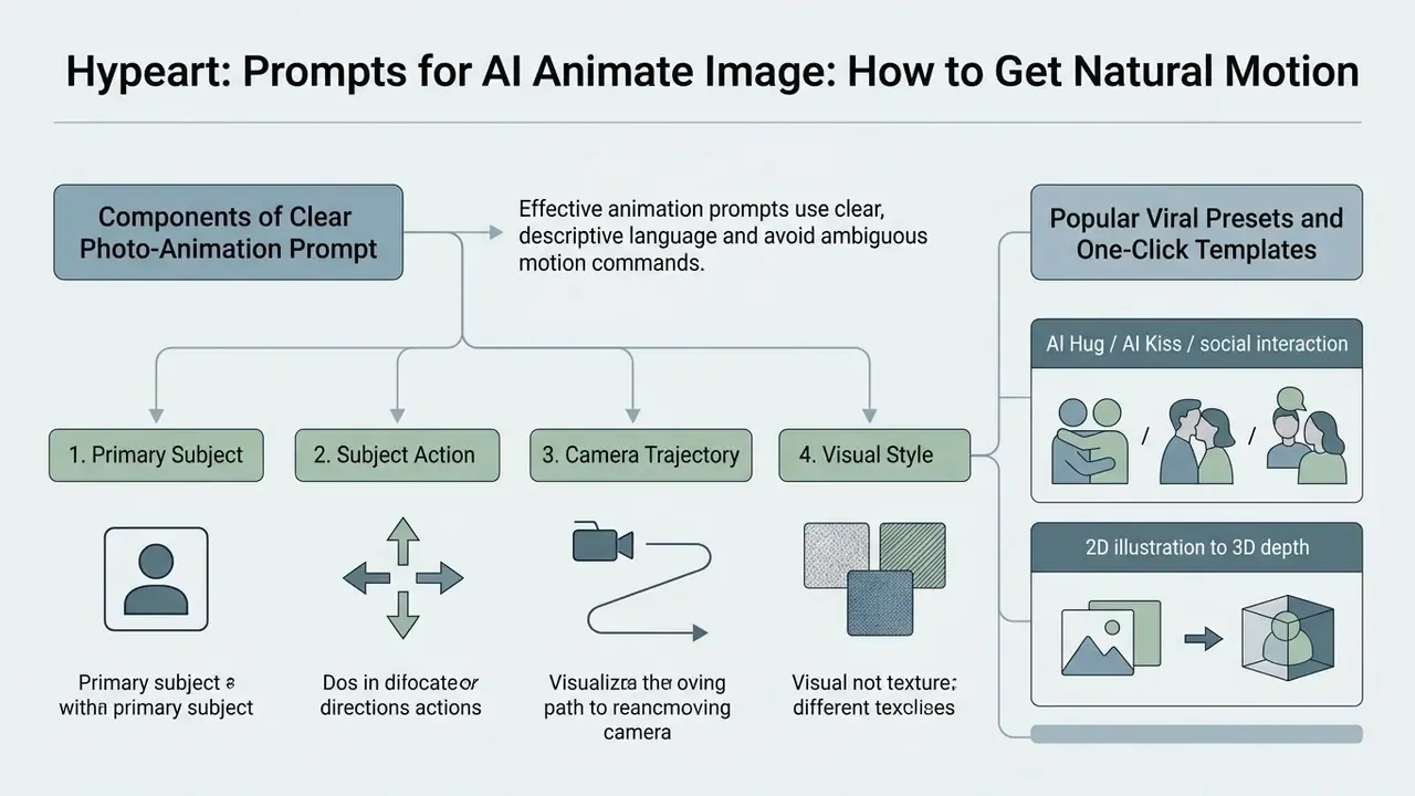 Infographic breaking down prompt components for animate photo AI free tools and popular motion templates