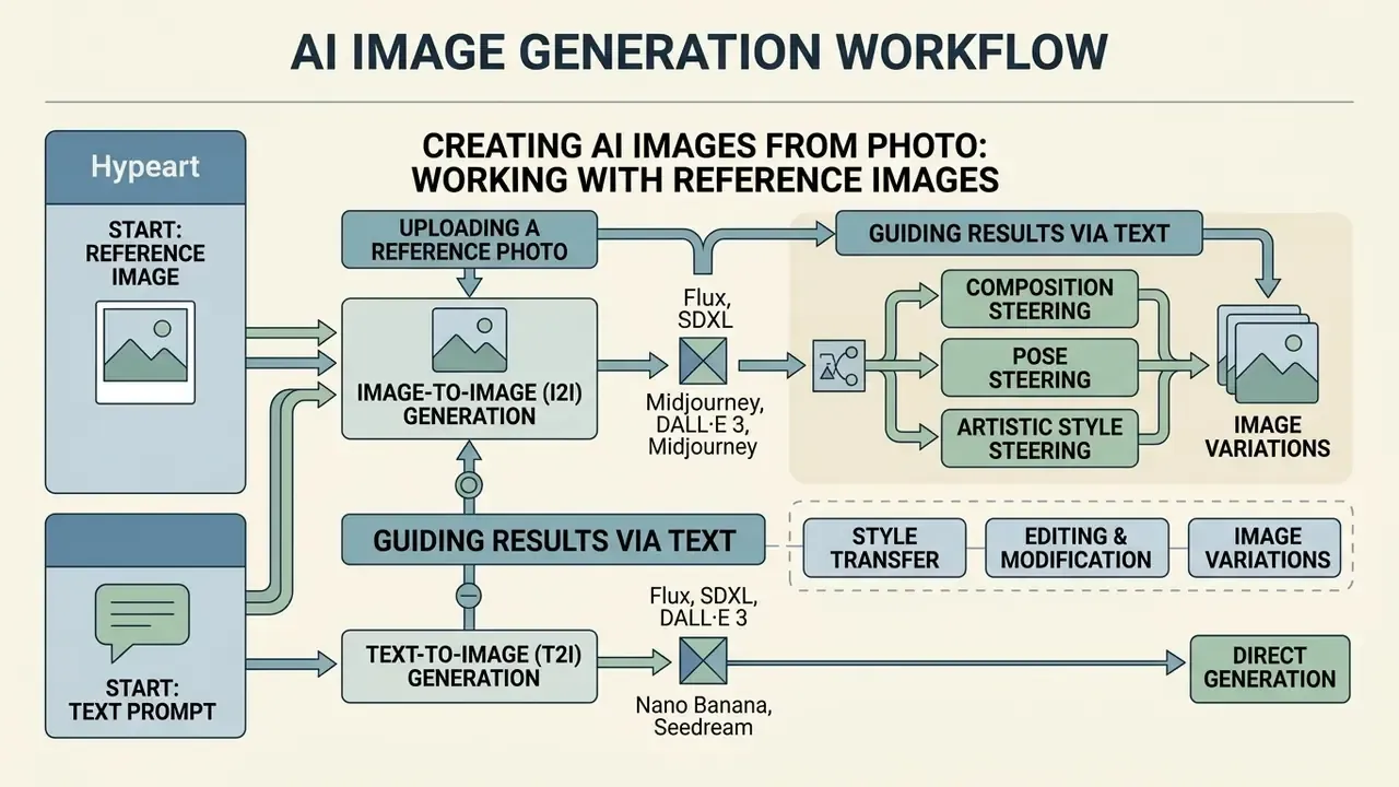 Diagram showing the workflow for using reference photos and text prompts to generate image variations