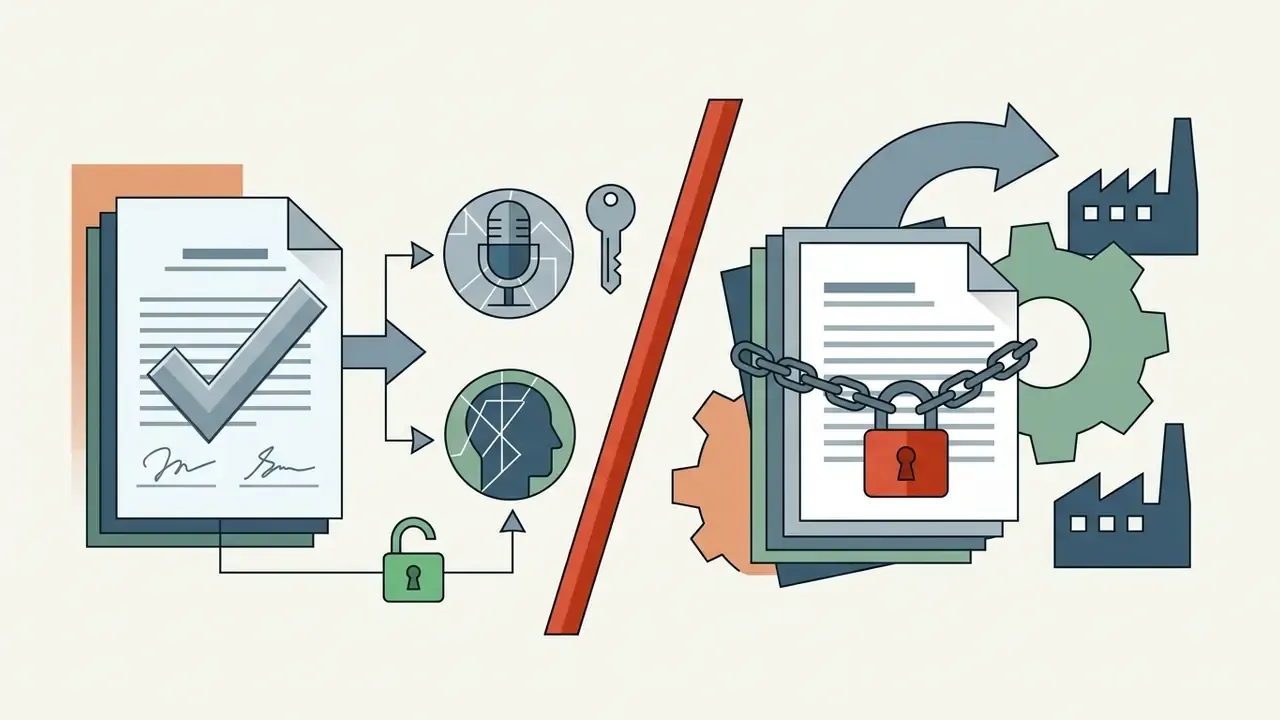 Signed document with checkmark leading to voice and avatar icons versus a chained document by a factory