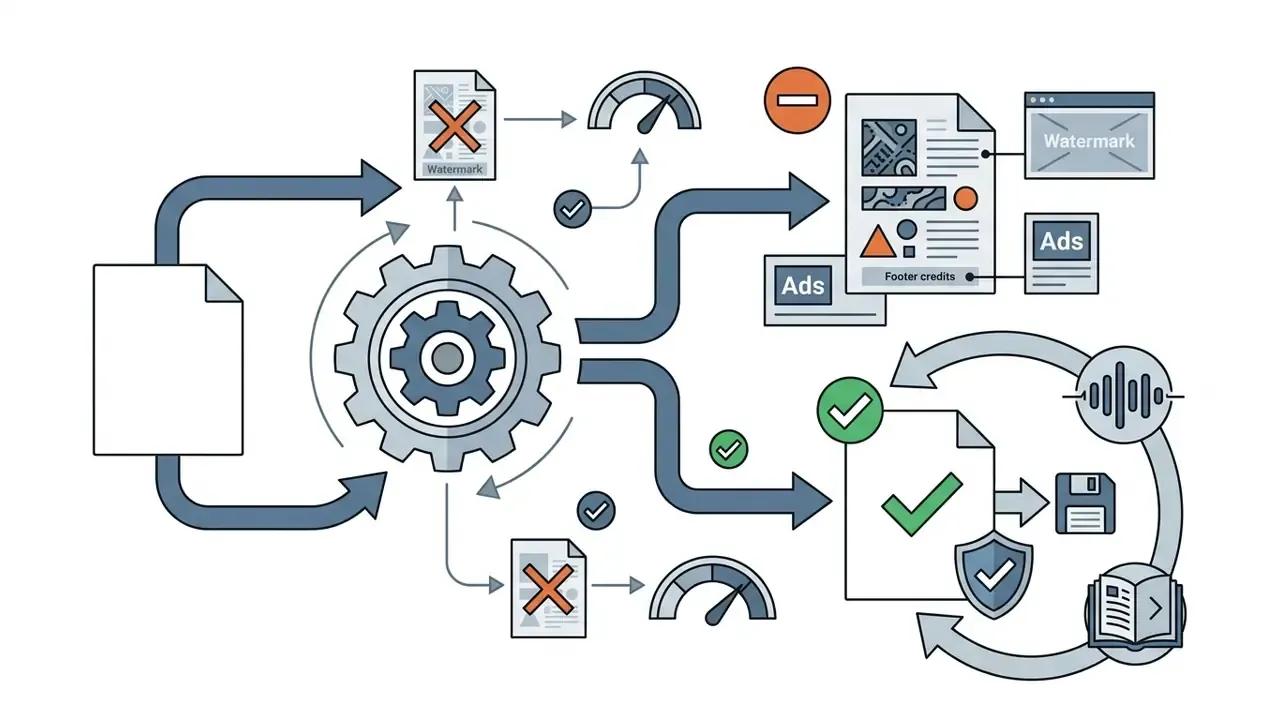 File inputs processed by gears into either watermarked ad-filled documents or clean exportable content