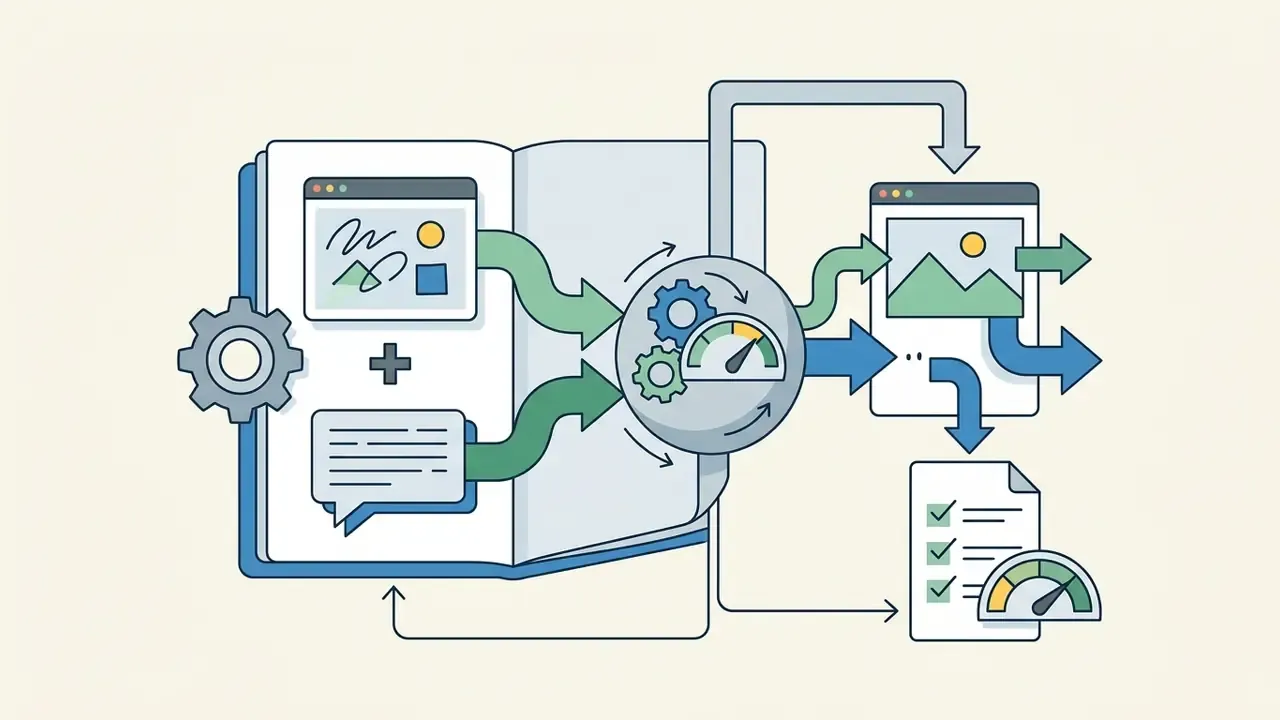 Book pages with visual and text prompts feeding into a gear mechanism that outputs images and reports