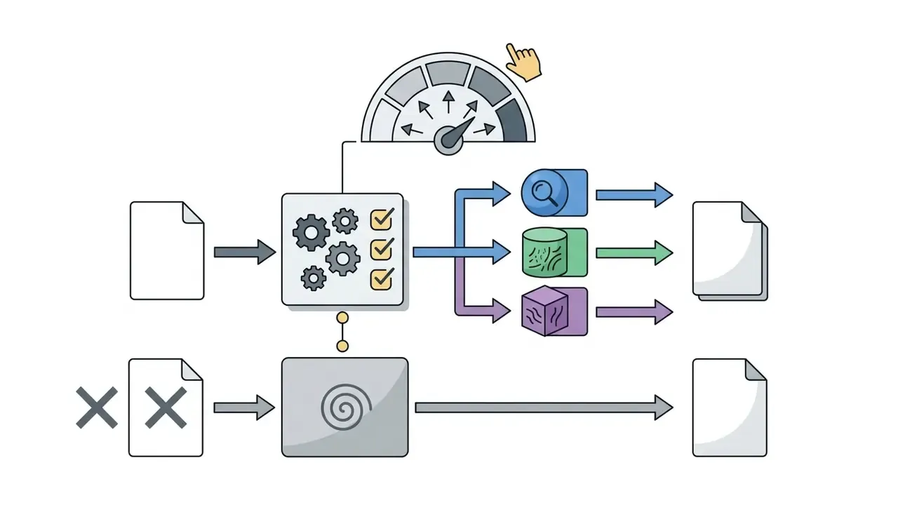 Document files flowing through a gear processing hub and model selection into output files
