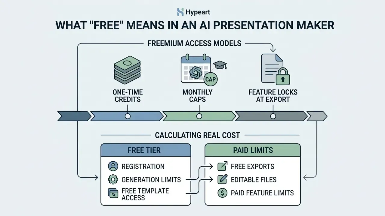 Infographic detailing freemium access models and cost factors for an AI presentation maker