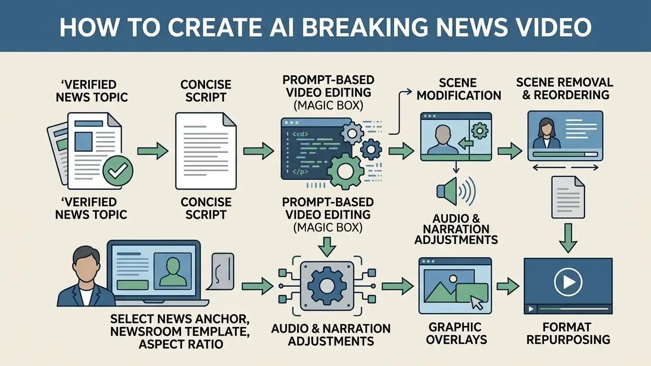 Flowchart detailing the stages of producing an AI breaking news video from script to final format