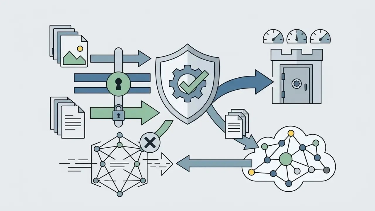 Shield icon blocking data flow from reaching a neural network while routing files to a secure vault