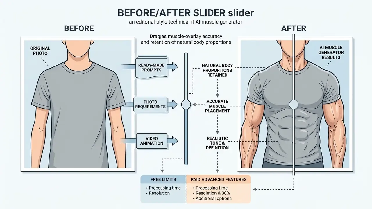 Interactive slider demonstrating an AI muscle generator transforming a standard physique into a muscular one