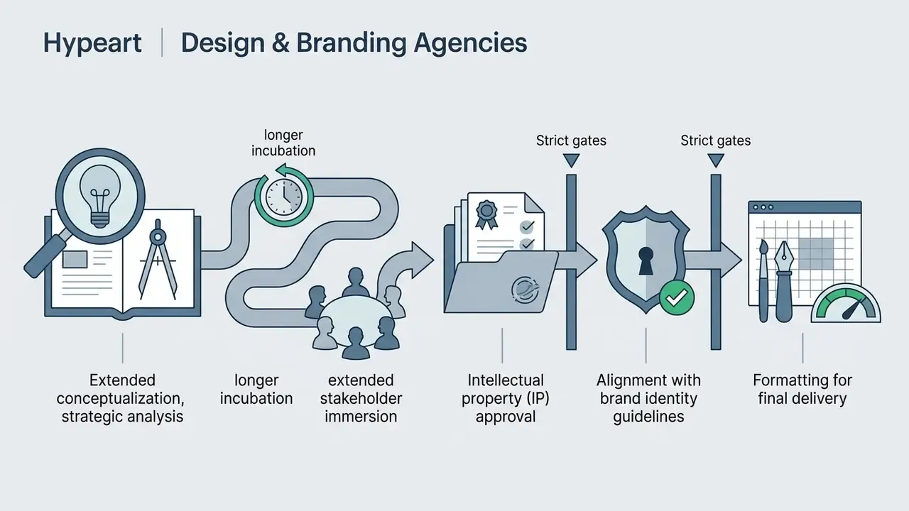 Sequential steps showing creative stages from conceptualization through IP and brand alignment to production