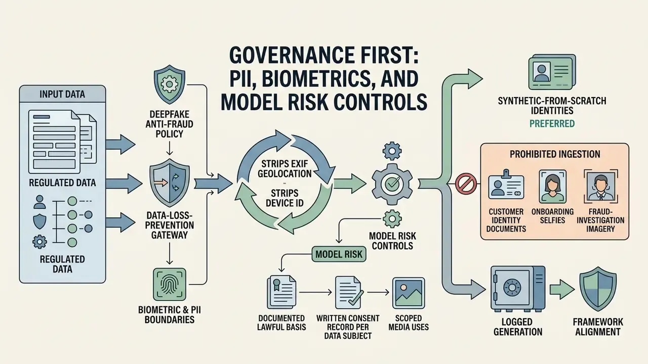Flowchart showing data processing steps for managing PII and biometrics in AI image generation workflows