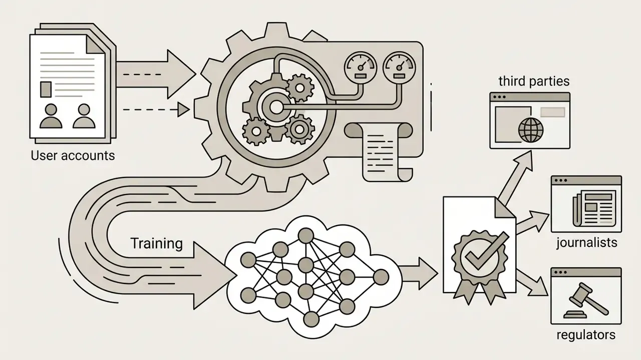 User account data flowing through a gear mechanism and neural network to generate certified output files
