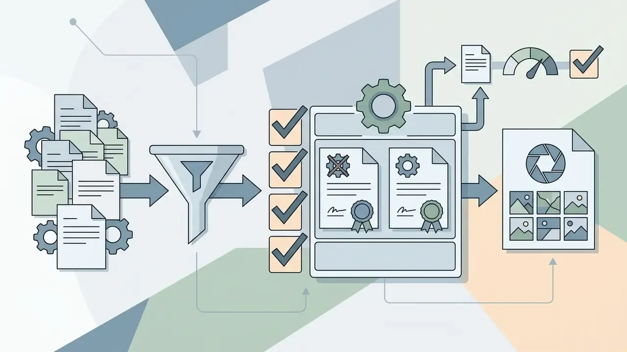 Documents passing through a filter into a compliance review process for final output generation