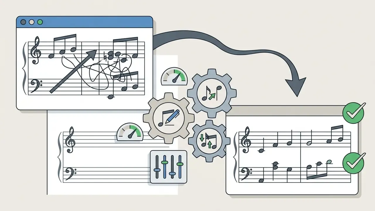 Gears processing cluttered musical notation into clean sheet music with corrected voice alignment