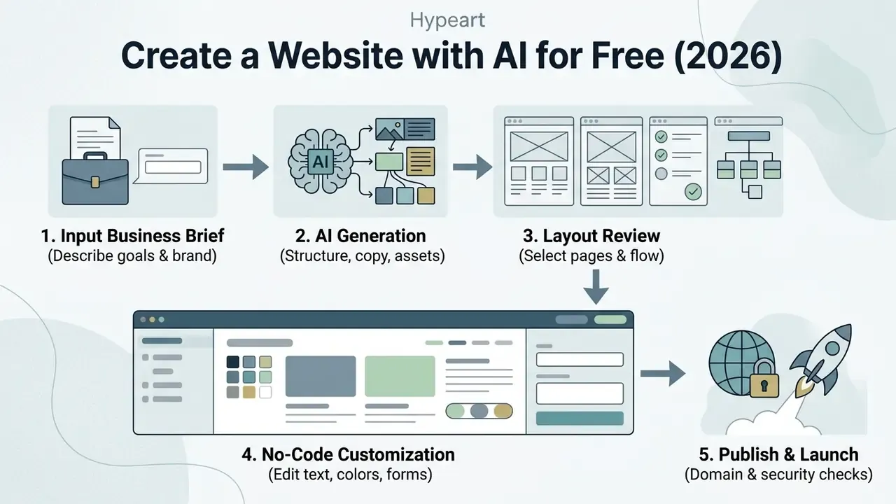 Step-by-step process diagram illustrating how to create a website with AI from brief to final launch