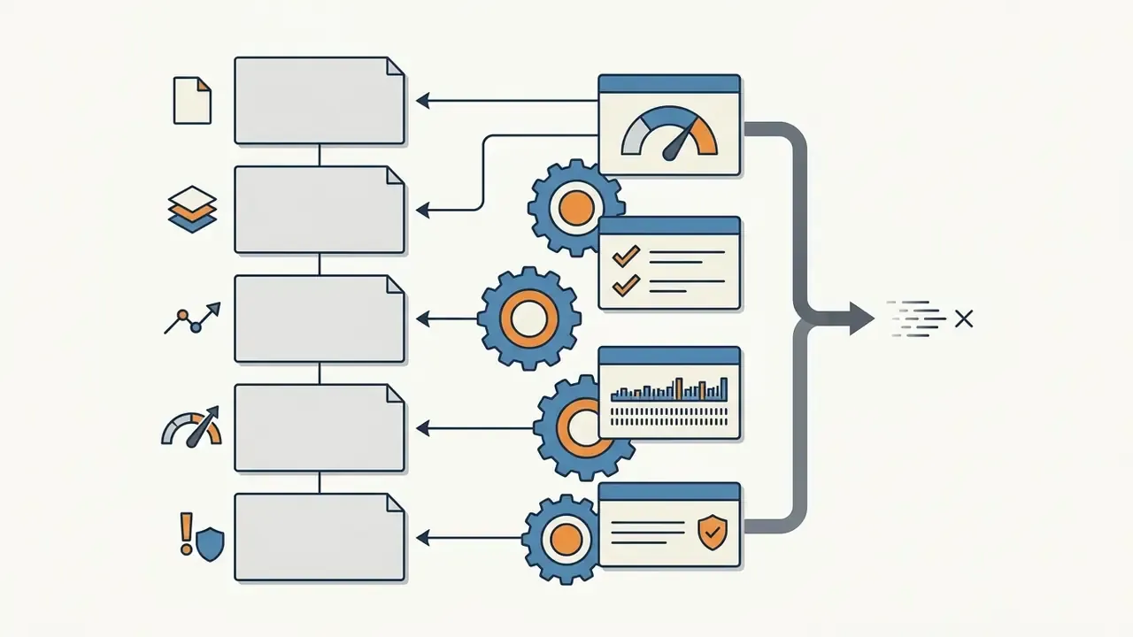 Icons and process blocks representing model risk workflows linked to automated monitoring and controls