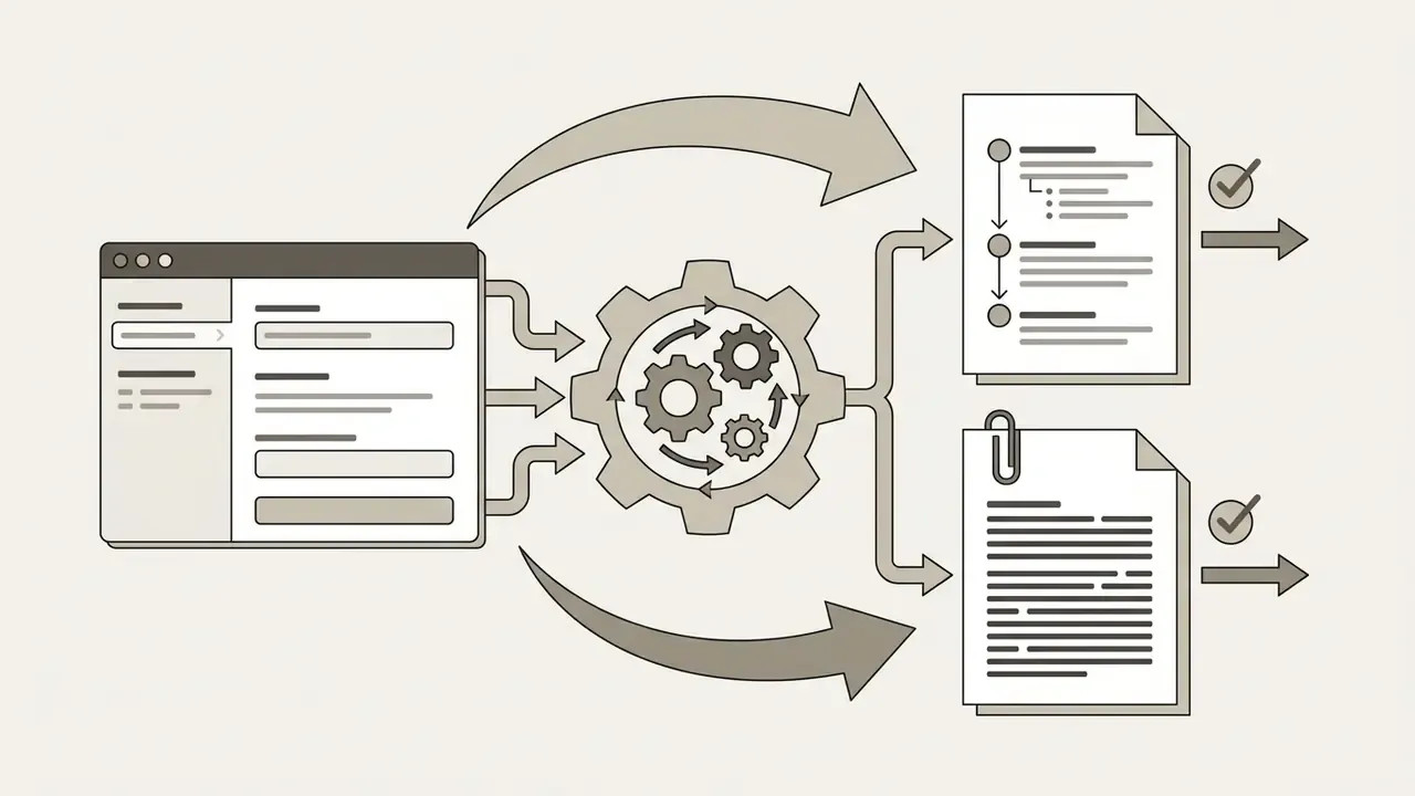Interface panel feeding data into a central gear mechanism to produce verified documents and attachments