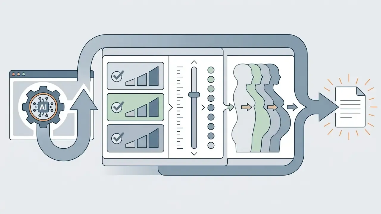 Interface showing filter selection, a slider for pregnancy stages, and resulting body shape adjustments