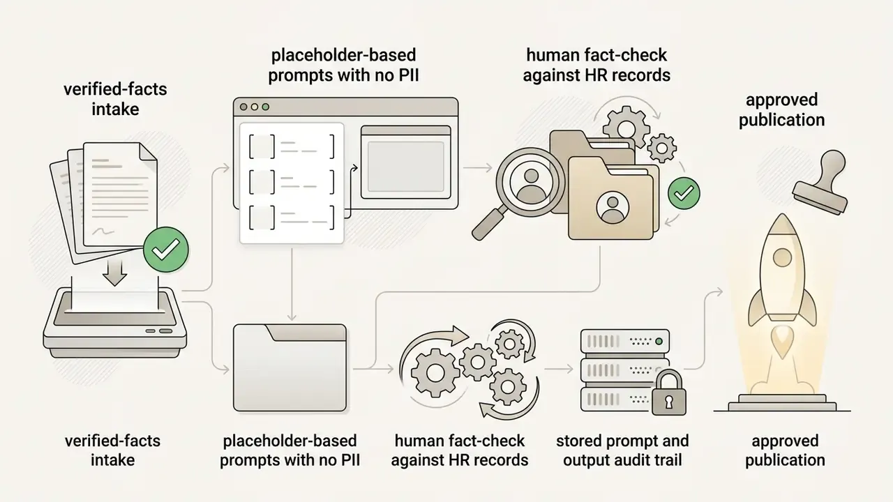 Sequential process steps for data intake, prompt creation, human review, and audit leading to publication