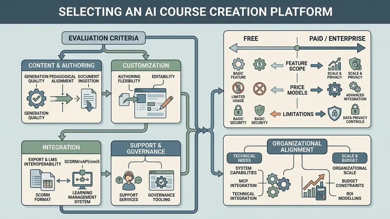 Infographic mapping evaluation criteria for software platforms against free and enterprise pricing models