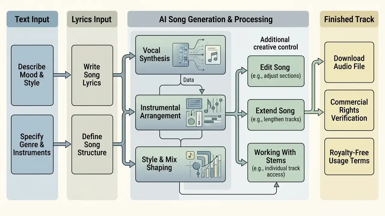 Systematic overview of audio generation stages from text inputs to final track editing and output