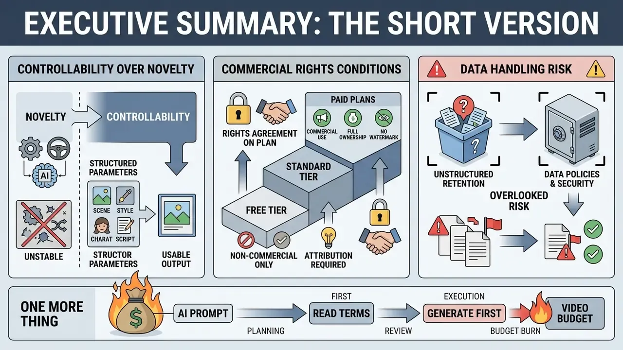 Infographic showing three key considerations for evaluating an AI cartoon video generator tool