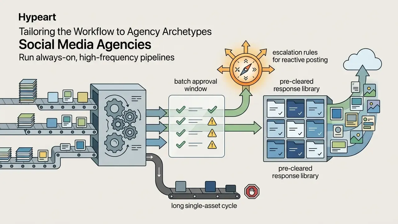 Conveyor belts feeding a gear machine that routes content through approval windows and response libraries