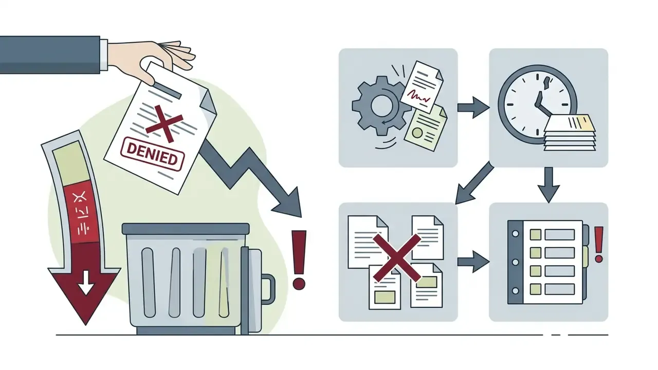 Hand discarding a denied document into a trash bin next to icons showing workflow and submission errors